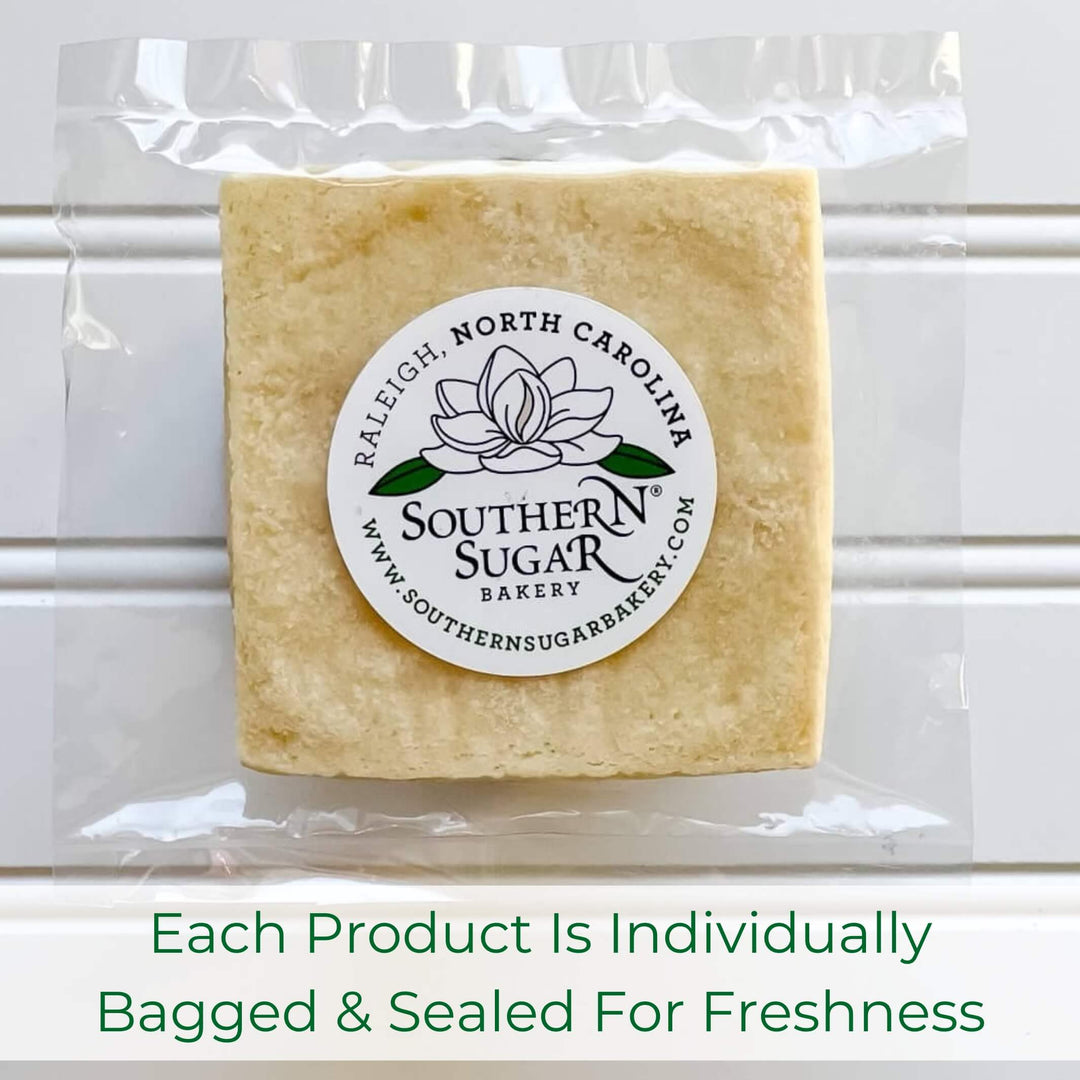 Individually bagged sweet treat from Southern Sugar Bakery for freshness, featuring their logo and care instructions.