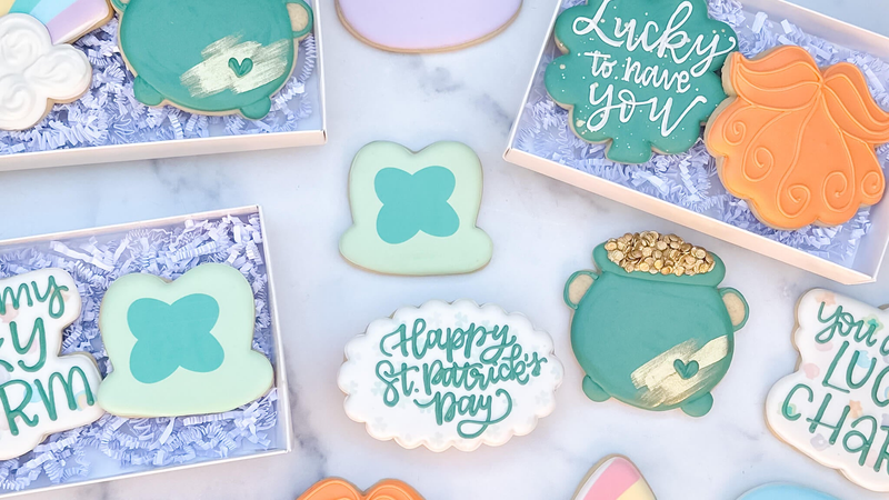 Shamrock and St. Patrick's Day themed decorated sugar cookies from Southern Sugar Bakery