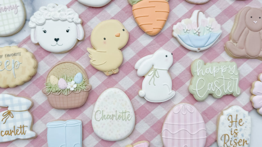 Decorated Easter egg and spring-themed sugar cookies from Southern Sugar Bakery