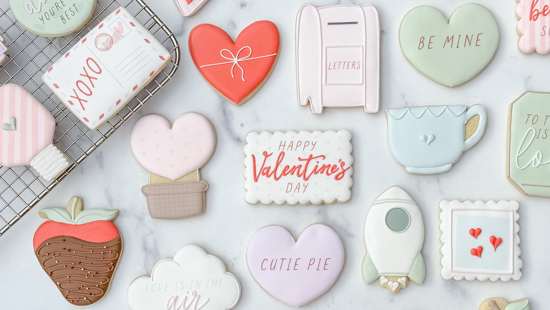 Decorated heart and Valentine's Day themed sugar cookies from Southern Sugar Bakery