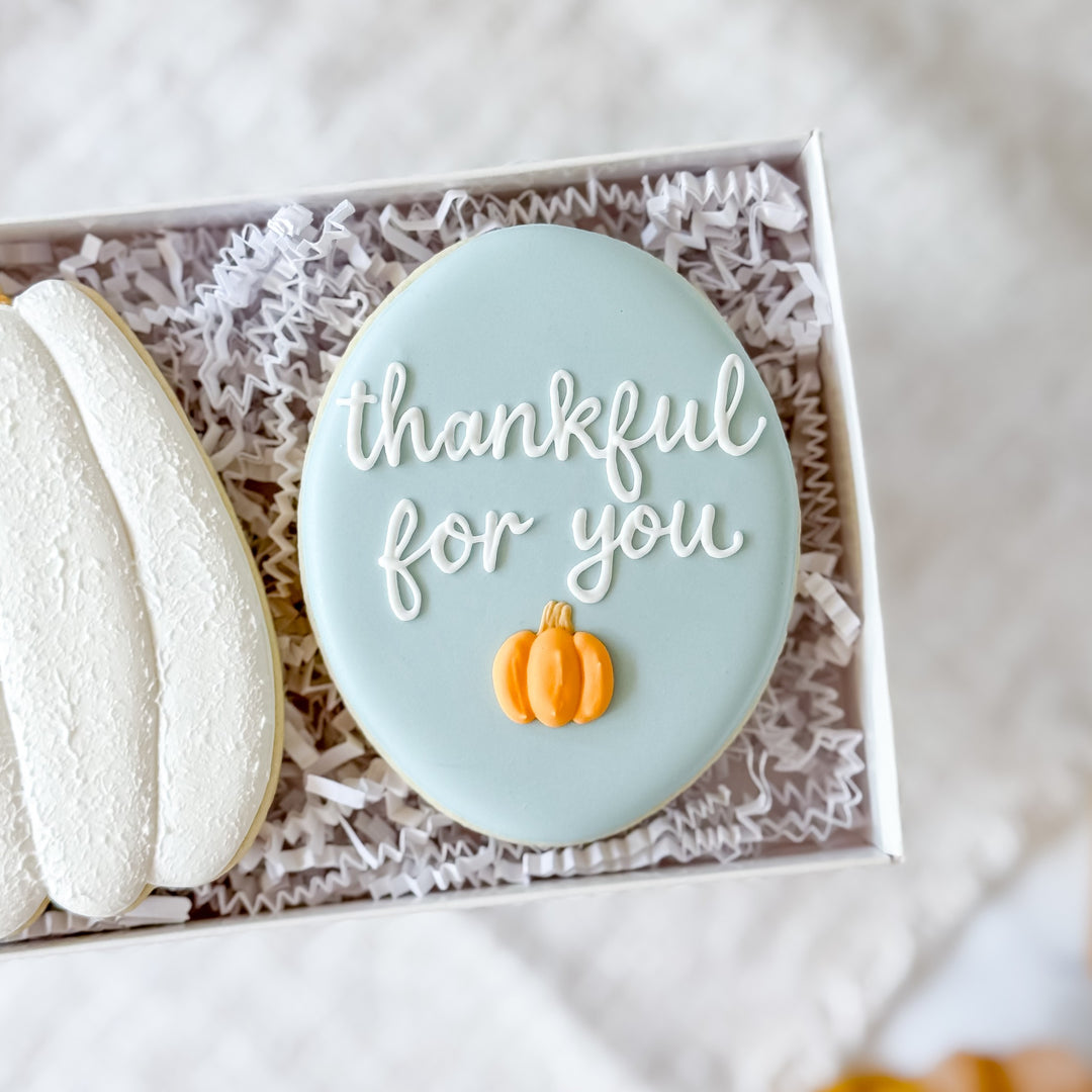 Thankful For You decorated Thanksgiving cookie duo from Southern Sugar Bakery, featuring festive holiday-themed cookie designs.