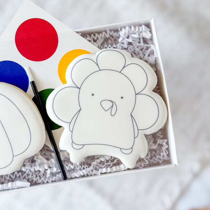 Thanksgiving duo of paint-your-own fall cookies by Southern Sugar Bakery featuring festive autumn-themed designs.