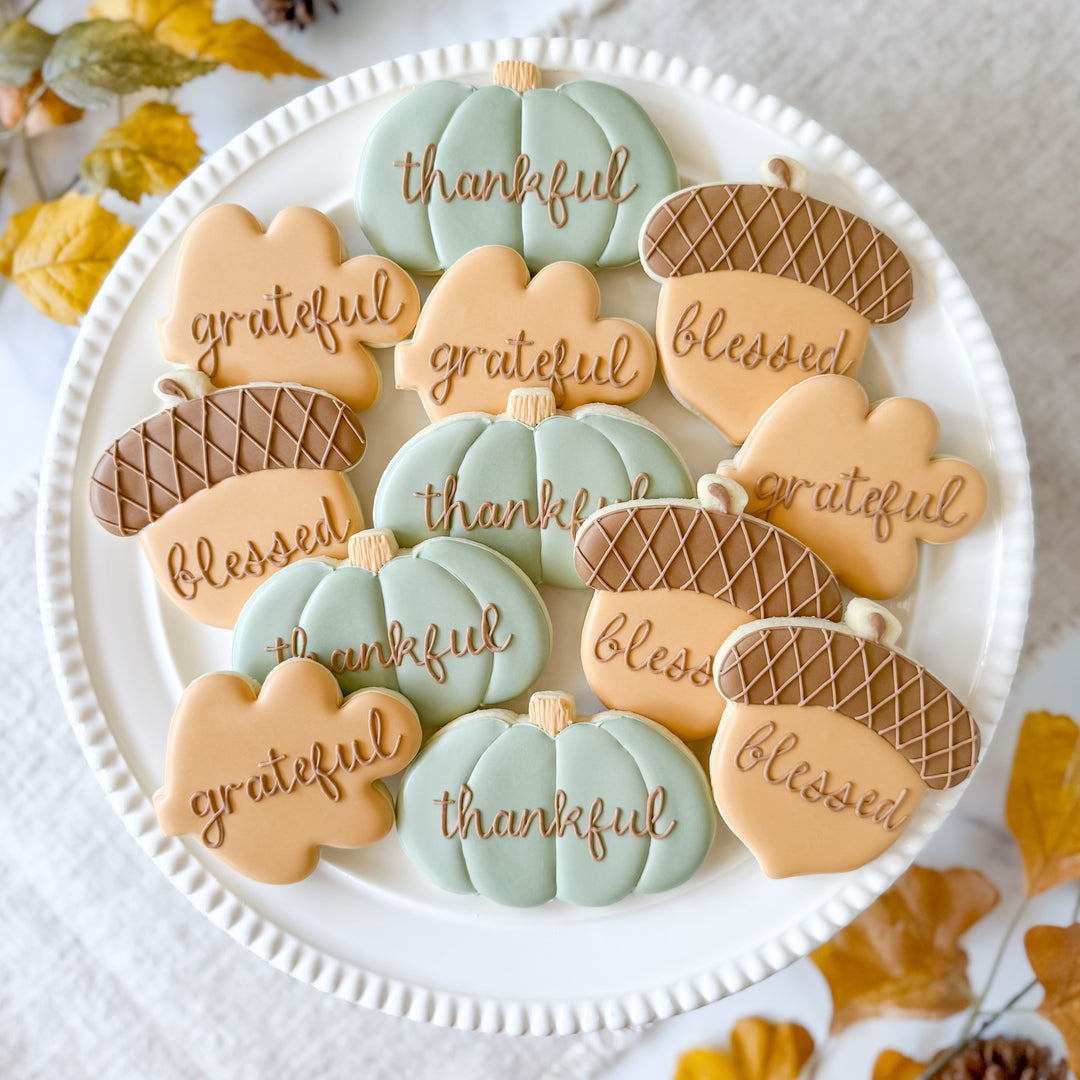 Thankful, grateful, blessed decorated cookie set by Southern Sugar Bakery featuring festive Thanksgiving-themed cookies.