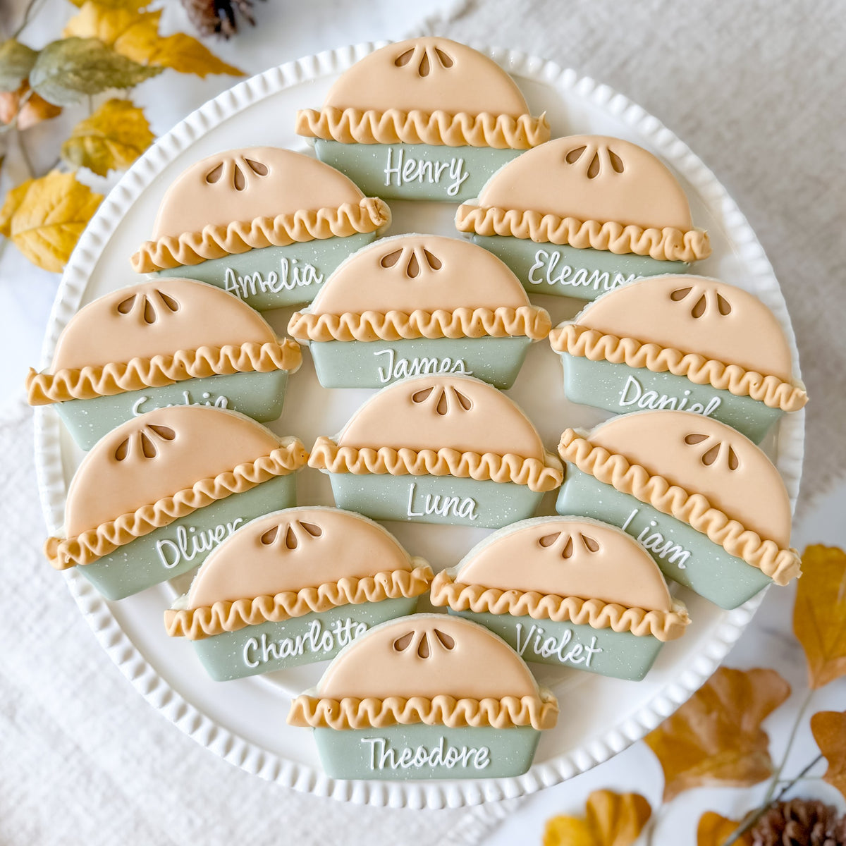 Thanksgiving cookie set with decorated pie place cards from Southern Sugar Bakery, featuring seasonal fall-themed cookie designs.