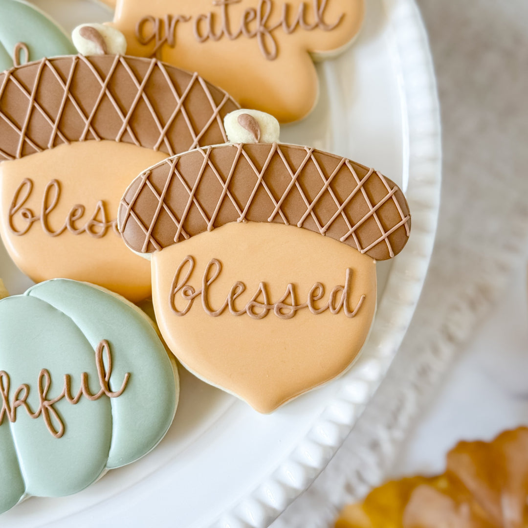 Decorated Thanksgiving cookie set from Southern Sugar Bakery featuring thankfulness, grateful, and blessed themed cookies.