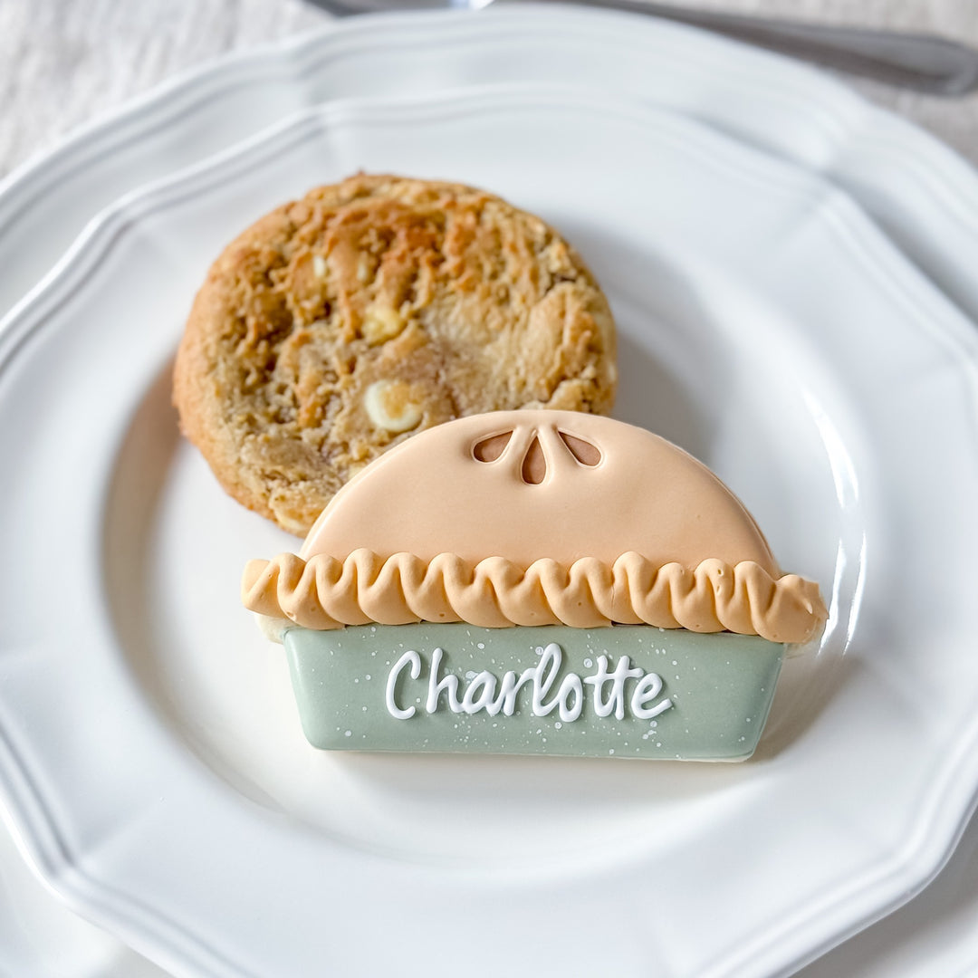 Thanksgiving decorated cookie set with pie-themed place cards by Southern Sugar Bakery, featuring festive fall cookie designs.