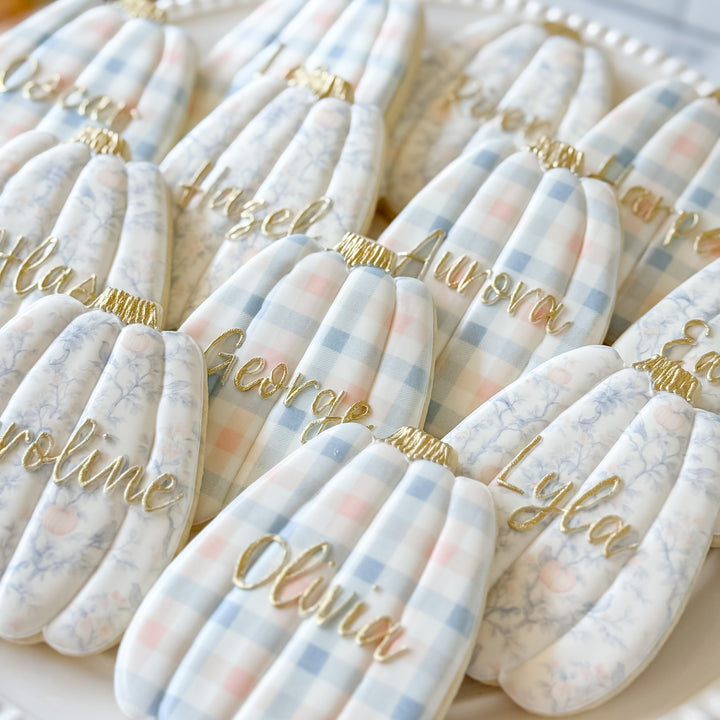 Thanksgiving pumpkin decorated cookie set by Southern Sugar Bakery featuring festive place cards and seasonal cookie designs.