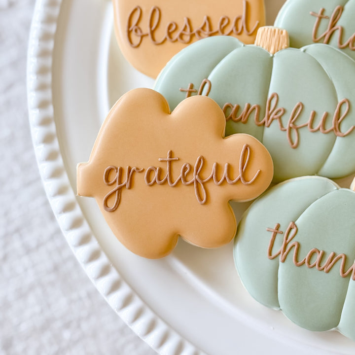 Decorated Thanksgiving cookie set by Southern Sugar Bakery featuring thankfulness, grateful, and blessed themed cookies.